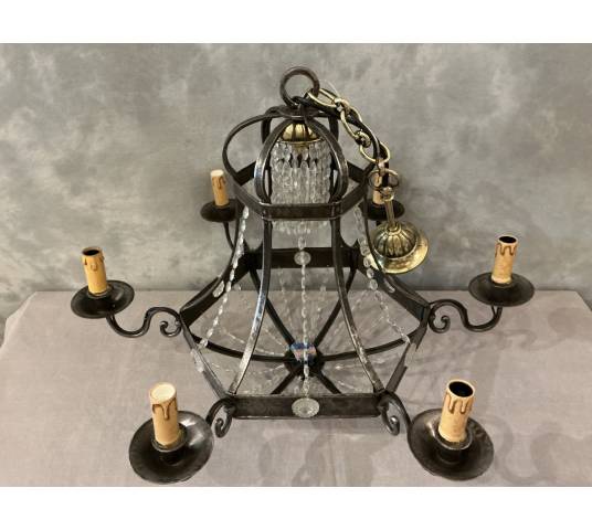 Lustre ancien en fer et guirlandes de cristaux d'époque fin 19 ème