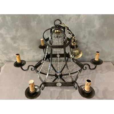 Lustre ancien en fer et guirlandes de cristaux d'époque fin 19 ème