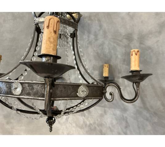 Lustre ancien en fer et guirlandes de cristaux d'époque fin 19 ème