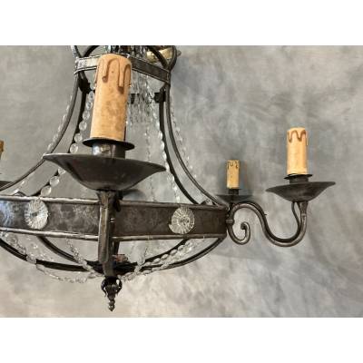 Lustre ancien en fer et guirlandes de cristaux d'époque fin 19 ème
