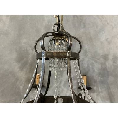 Lustre ancien en fer et guirlandes de cristaux d'époque fin 19 ème