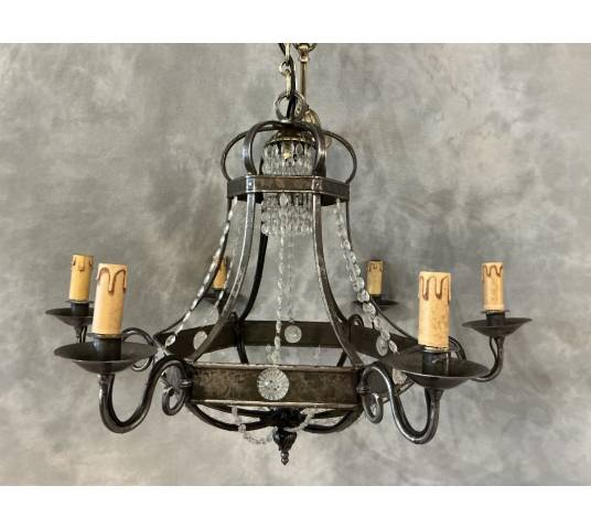 Antique chandelier in iron and period crystal garlands, late 19th century