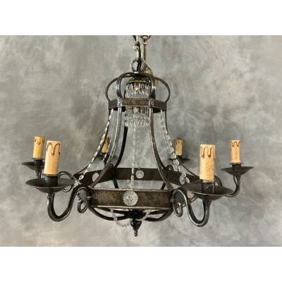 Lustre ancien en fer et guirlandes de cristaux d'époque fin 19 ème