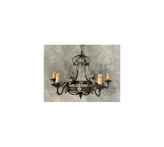 Lustre ancien en fer et guirlandes de cristaux d'époque fin 19 ème