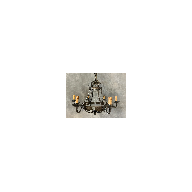 Antique chandelier in iron and period crystal garlands, late 19th century