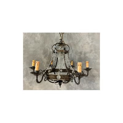 Lustre ancien en fer et guirlandes de cristaux d'époque fin 19 ème