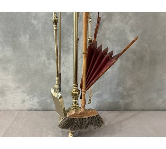 Large and beautiful antique brass and bronze fireplace tool set from the early 19th century