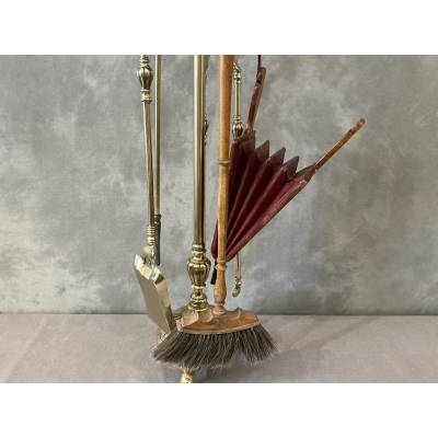 Grand et beau serviteur de cheminée ancien en laiton et bronze d'époque début 19 ème