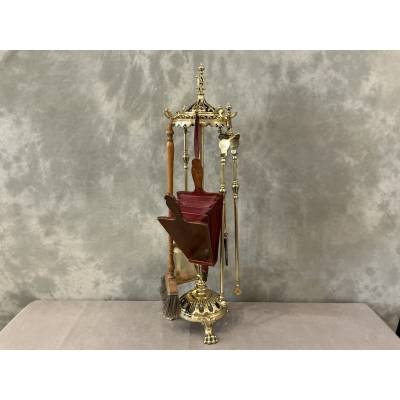Grand et beau serviteur de cheminée ancien en laiton et bronze d'époque début 19 ème