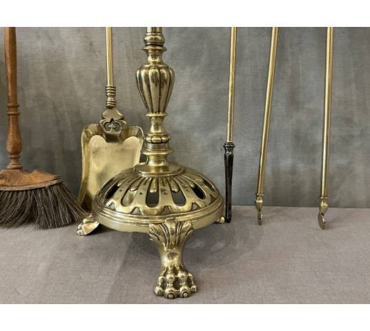Grand et beau serviteur de cheminée ancien en laiton et bronze d'époque début 19 ème