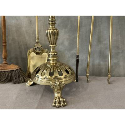 Large and beautiful antique brass and bronze fireplace tool set from the early 19th century