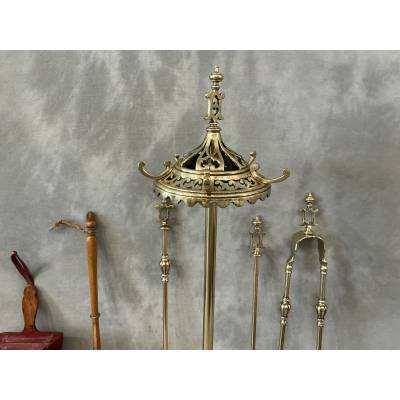 Large and beautiful antique brass and bronze fireplace tool set from the early 19th century