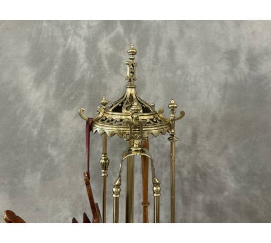 Grand et beau serviteur de cheminée ancien en laiton et bronze d'époque début 19 ème