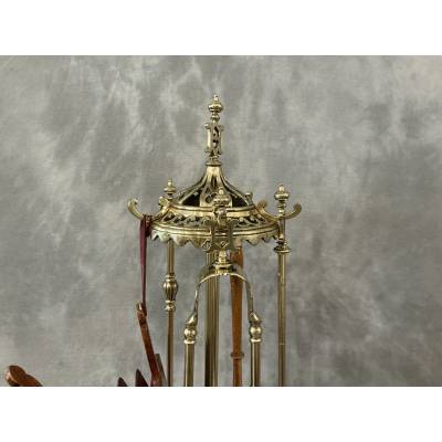 Grand et beau serviteur de cheminée ancien en laiton et bronze d'époque début 19 ème