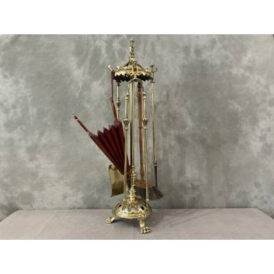 Grand et beau serviteur de cheminée ancien en laiton et bronze d'époque début 19 ème