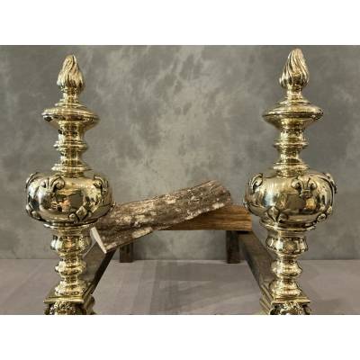 Beautiful antique brass andirons from the 19th century in the Louis XIV style