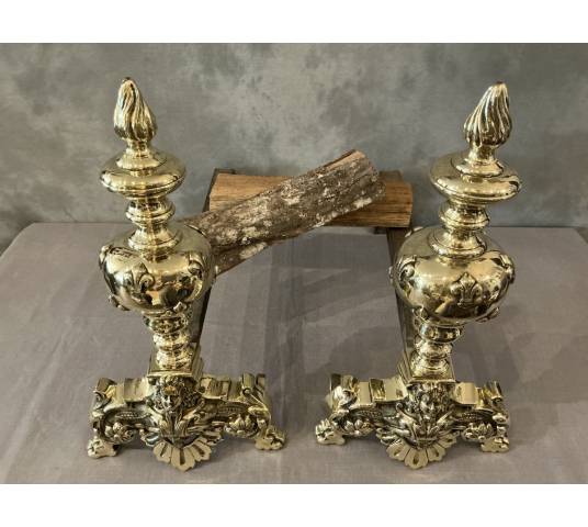 Beautiful antique brass andirons from the 19th century in the Louis XIV style