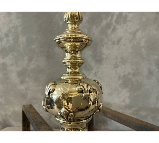 Beautiful antique brass andirons from the 19th century in the Louis XIV style