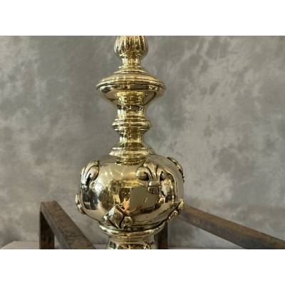 Beautiful antique brass andirons from the 19th century in the Louis XIV style
