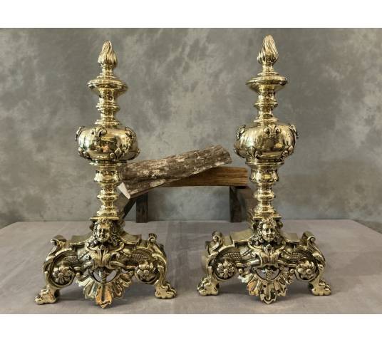 Beautiful antique brass andirons from the 19th century in the Louis XIV style