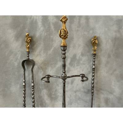 Serviteur de cheminée ancien en fer et bronze doré d'époque 19 ème