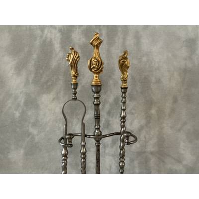 Serviteur de cheminée ancien en fer et bronze doré d'époque 19 ème