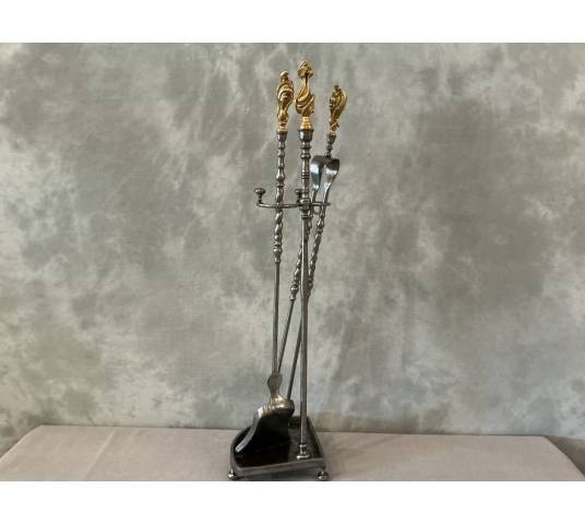 Antique 19th-century iron and gilt bronze fireplace set