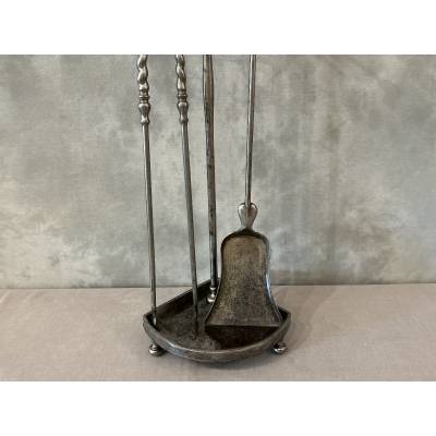 Antique 19th-century iron and gilt bronze fireplace set