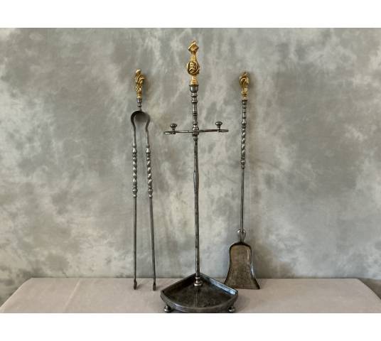 Serviteur de cheminée ancien en fer et bronze doré d'époque 19 ème