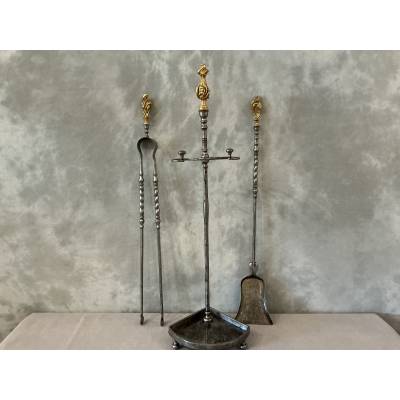 Antique 19th-century iron and gilt bronze fireplace set