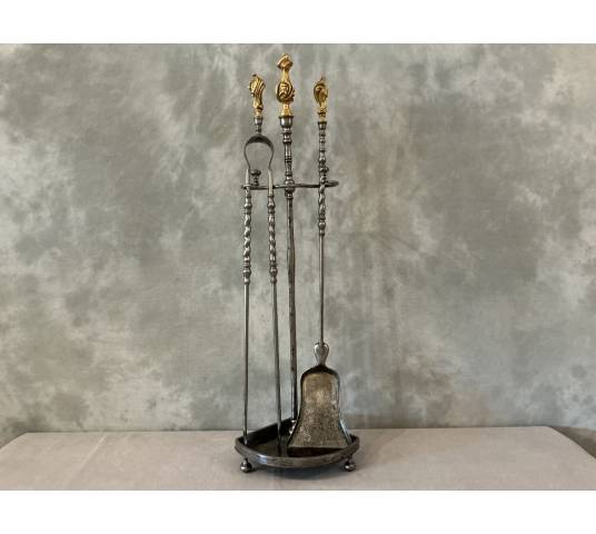 Antique 19th-century iron and gilt bronze fireplace set