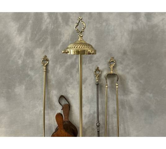 Antique 4-piece brass fireplace set from the 19th century