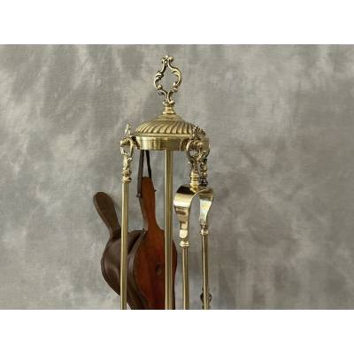 Antique 4-piece brass fireplace set from the 19th century