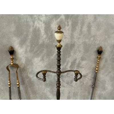 Beau serviteur de cheminée ancien en bronze et fer d'époque 19 ème