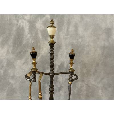 Beau serviteur de cheminée ancien en bronze et fer d'époque 19 ème