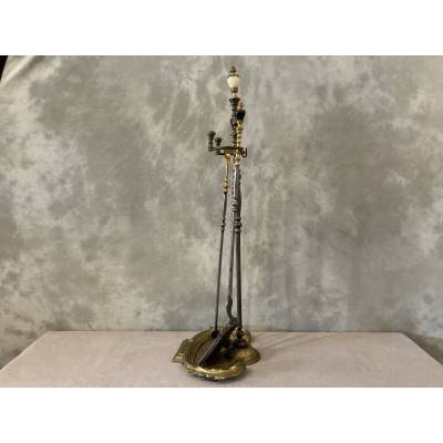 Beau serviteur de cheminée ancien en bronze et fer d'époque 19 ème