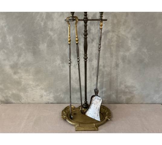 Beau serviteur de cheminée ancien en bronze et fer d'époque 19 ème