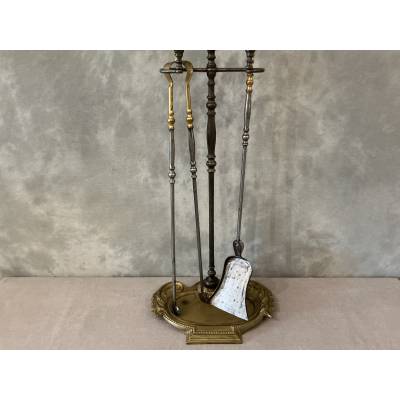 Beau serviteur de cheminée ancien en bronze et fer d'époque 19 ème