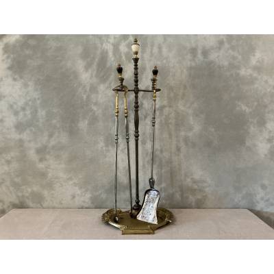 Beau serviteur de cheminée ancien en bronze et fer d'époque 19 ème