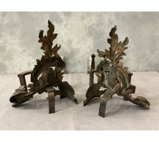 Paire de chenets anciens en bronze et laiton d'époque 19 ème