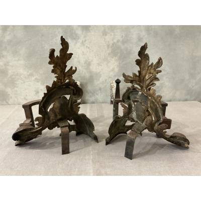 Paire de chenets anciens en bronze et laiton d'époque 19 ème