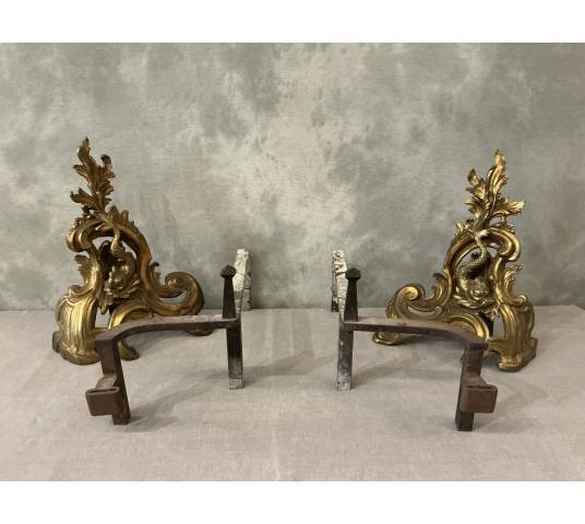 Paire de chenets anciens en bronze et laiton d'époque 19 ème