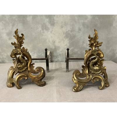 Paire de chenets anciens en bronze et laiton d'époque 19 ème