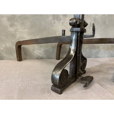 Large antique wrought iron andirons dating from the late 17th century