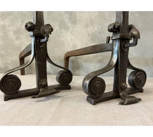 Large antique wrought iron andirons dating from the late 17th century