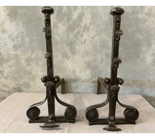 Large antique wrought iron andirons dating from the late 17th century