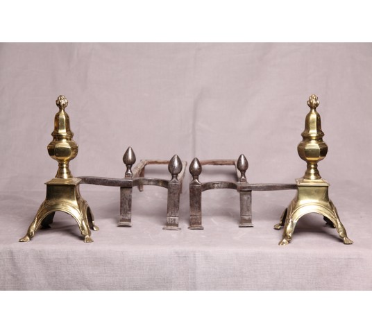 Pair of Louis XIV-era chenets in polished brass and iron