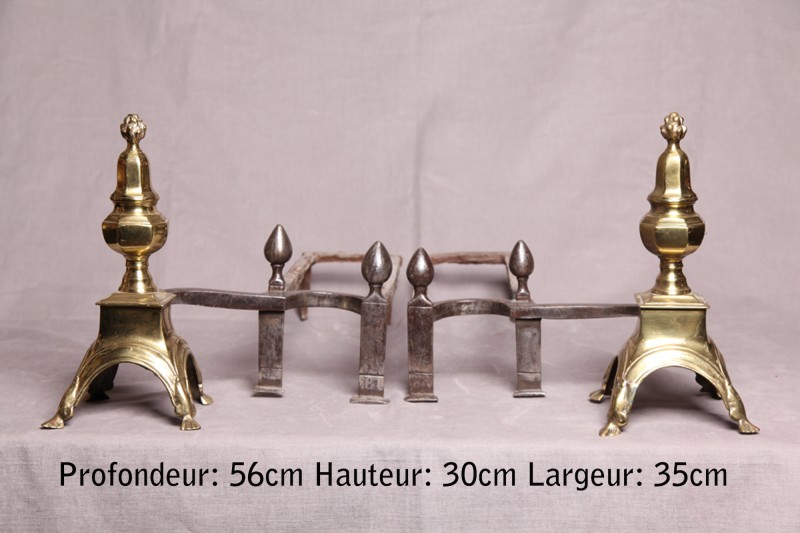 Paire de chenets d'époque Louis XIV en laiton poli et en fer