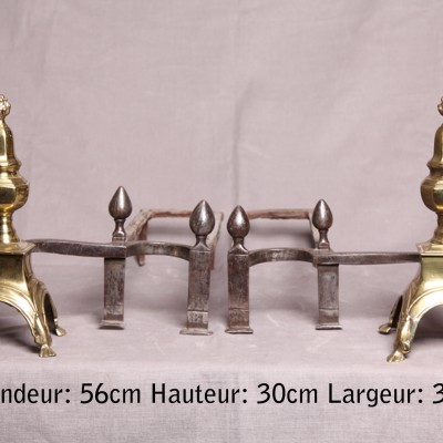 Pair of Louis XIV-era chenets in polished brass and iron