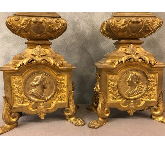 Beaux chenets in gilded bronze Louis XIV Régence